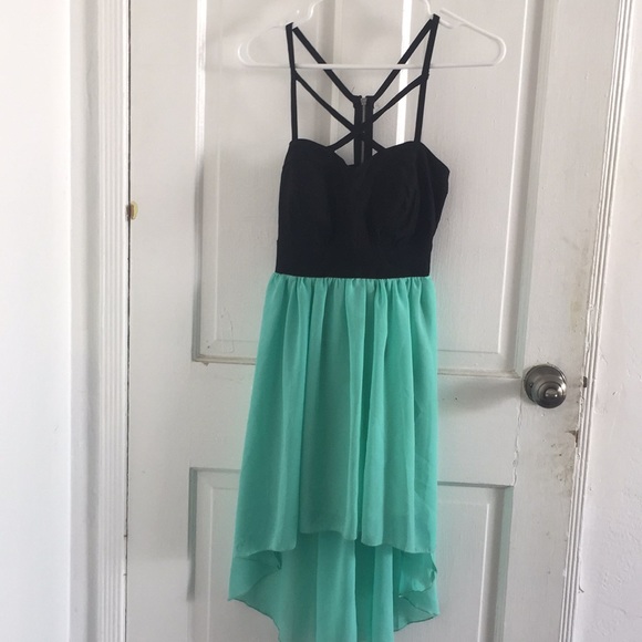 black and mint green dress